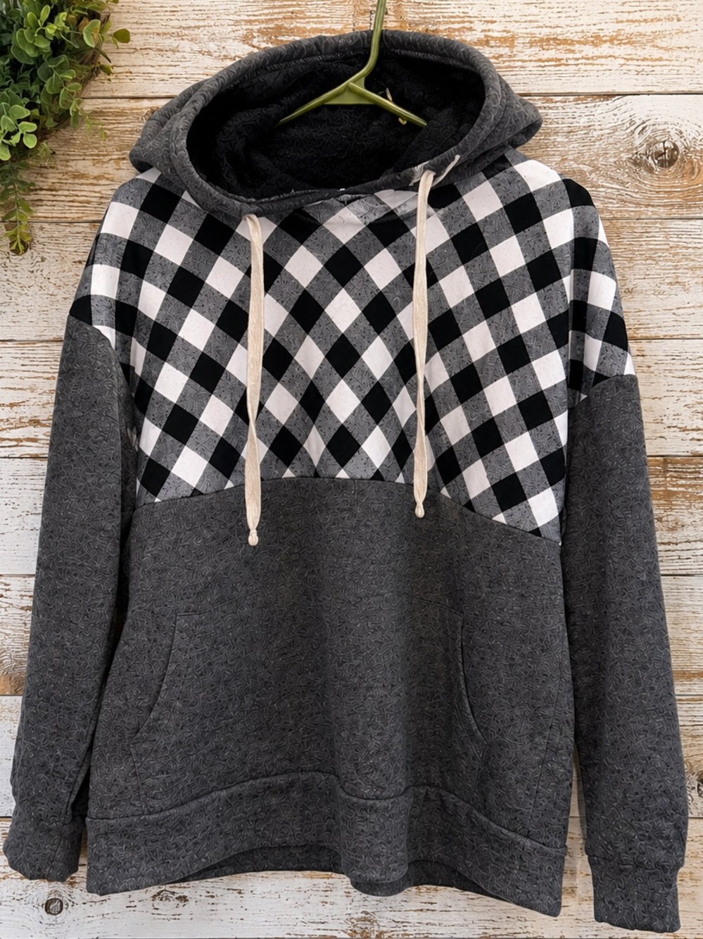 Doublju Buffalo Plaid Sherpa Lined Hoodie Gray Black Medium